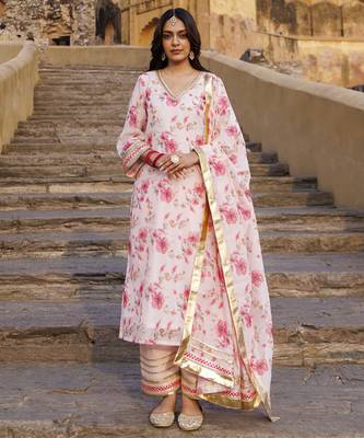 Pink floral printed chanderi kurta set 1