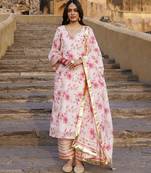 Pink floral printed chanderi kurta set