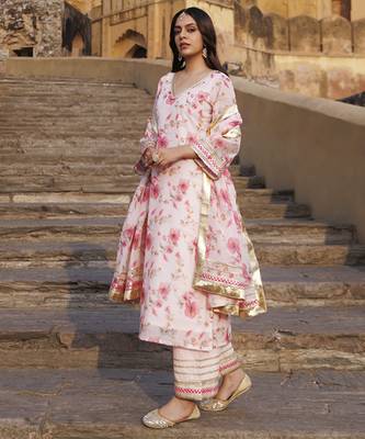 Pink floral printed chanderi kurta set 2