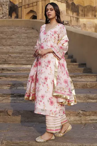Pink floral printed chanderi kurta set