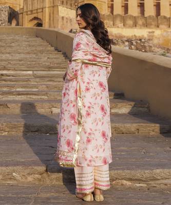 Pink floral printed chanderi kurta set 3