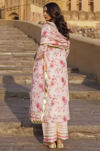 Pink floral printed chanderi kurta set