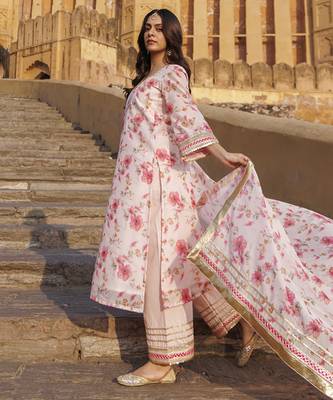 Pink floral printed chanderi kurta set 4