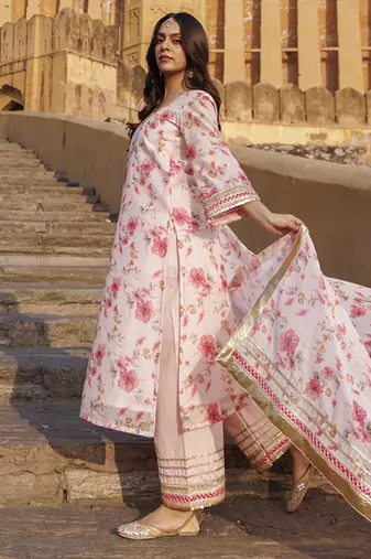 Pink floral printed chanderi kurta set