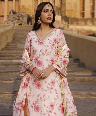 Pink floral printed chanderi kurta set 5