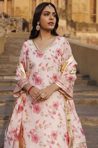Pink floral printed chanderi kurta set
