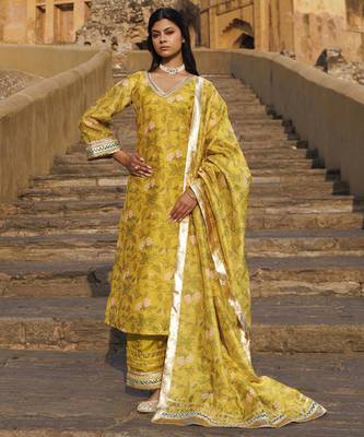 Olive yellow chanderi kurta set 1
