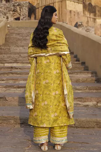 Olive yellow chanderi kurta set