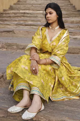 Olive yellow chanderi kurta set