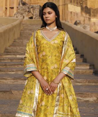 Olive yellow chanderi kurta set 4