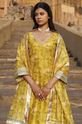 Olive yellow chanderi kurta set