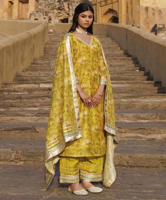 Olive yellow chanderi kurta set 5