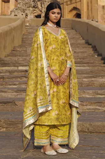 Olive yellow chanderi kurta set