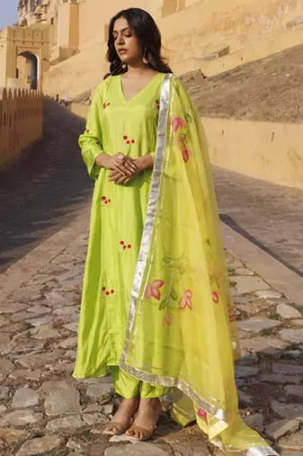 Bright green uppada silk kurta set