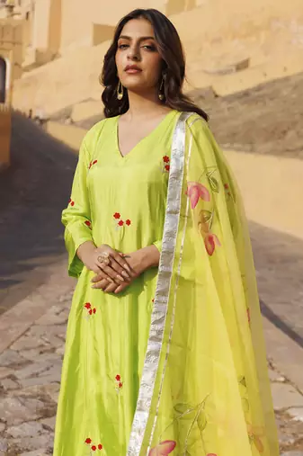Bright green uppada silk kurta set
