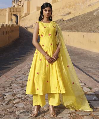 Yellow chanderi embroidered anarkali set 1