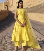 Yellow chanderi embroidered anarkali set