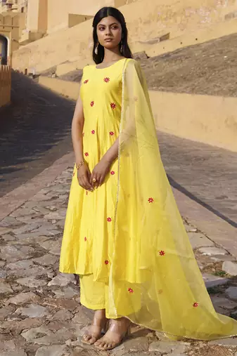 Yellow chanderi embroidered anarkali set
