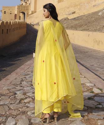 Yellow chanderi embroidered anarkali set 3