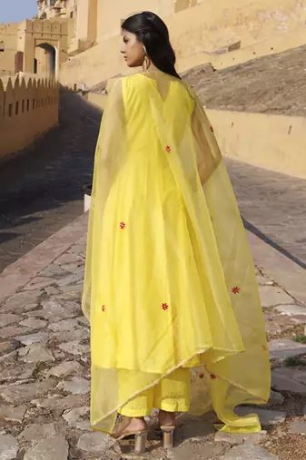 Yellow chanderi embroidered anarkali set