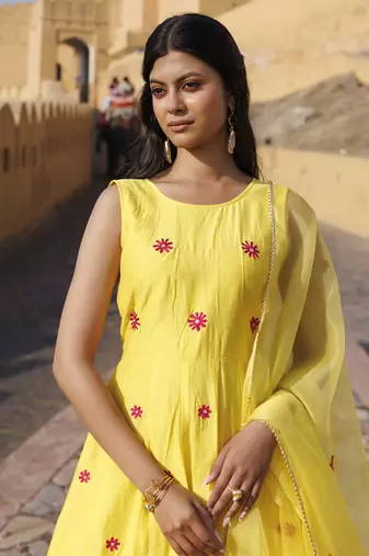 Yellow chanderi embroidered anarkali set