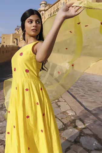 Yellow chanderi embroidered anarkali set