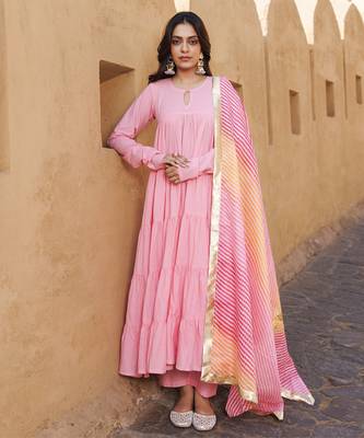 Pink flared cotton anarkli set 1
