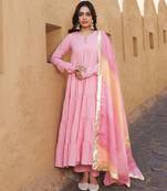 Pink flared cotton anarkli set