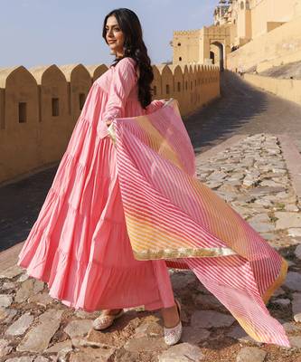 Pink flared cotton anarkli set 2