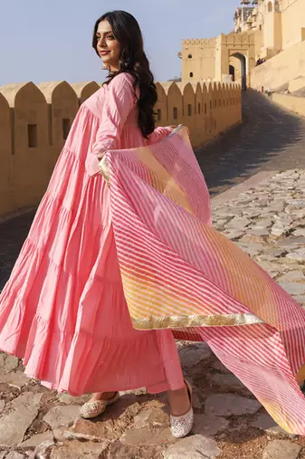Pink flared cotton anarkli set