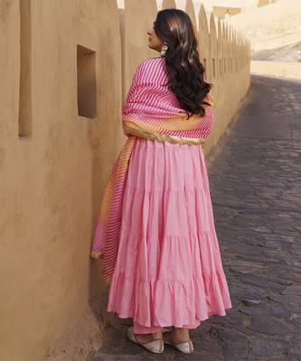 Pink flared cotton anarkli set 3