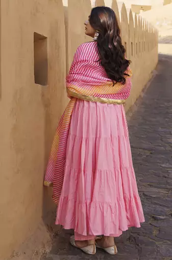 Pink flared cotton anarkli set