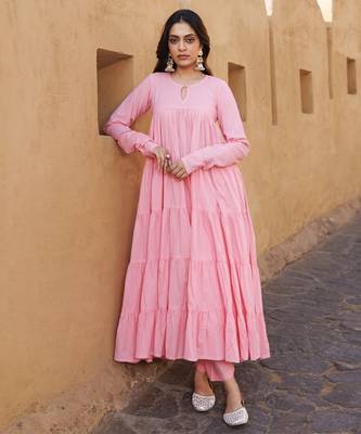Pink flared cotton anarkli set 4