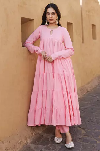 Pink flared cotton anarkli set