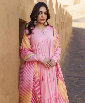 Pink flared cotton anarkli set 5