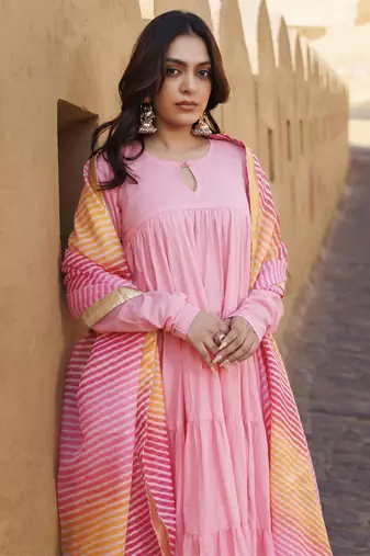 Pink flared cotton anarkli set