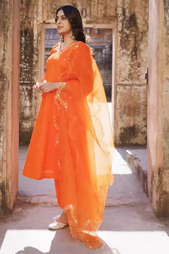 Orange embroidered kurta set
