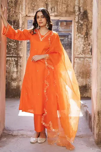 Orange embroidered kurta set