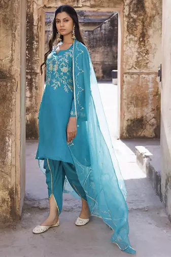Green embroidered dhoti set