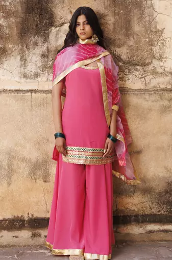 Pink crepe strappy sharara set