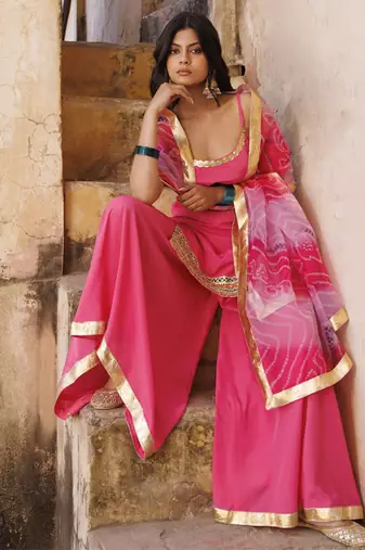 Pink crepe strappy sharara set