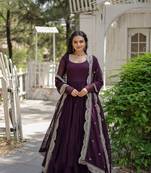Wine faux blooming embroidered sequin work gown with dupatta