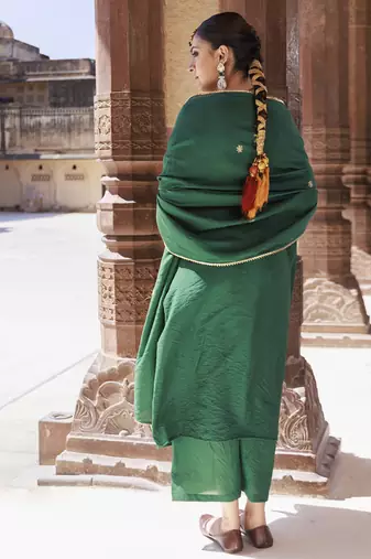 Green chanderi aari embroidered suit set