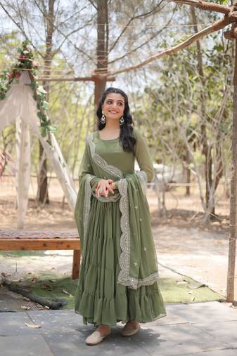 Mehendi faux blooming embroidered sequence work gown with dupatta