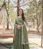 Mehendi faux blooming embroidered sequin work gown with dupatta