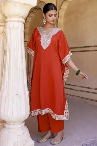 Burnt orange crepe kaftan & palazzo