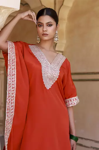 Burnt orange crepe kaftan & palazzo