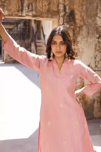 Pink uppada silk aari embroidered kurta set