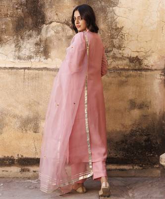 Pink uppada silk aari embroidered kurta set 3