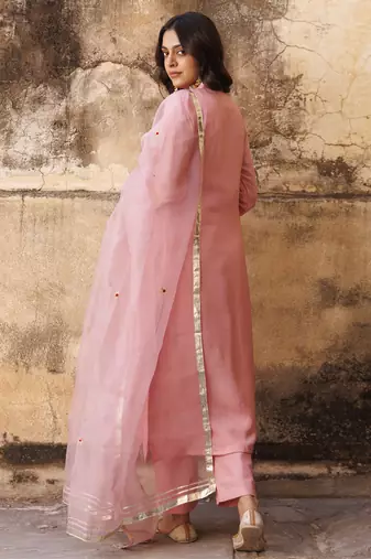 Pink uppada silk aari embroidered kurta set